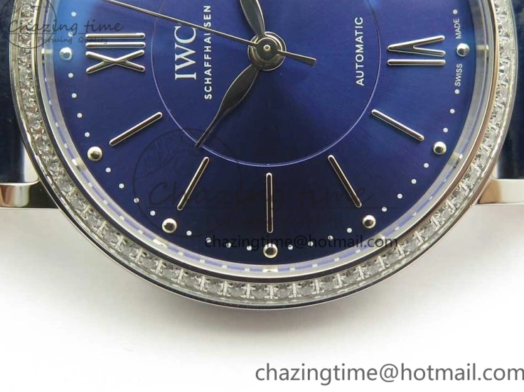 MIROTIME 0210 Fashionable Portofino IW458101 Diamond Bezel SS MK 1:1 Best Edition Blue Dial On Blue Leather Strap MIYOTA 7169